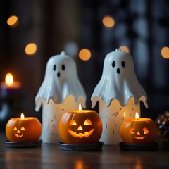 Festive Halloween Scene with Smiling Ghost Candles and Glowing Jack-o'-Lanterns Creating a Spooky yet Cozy Atmosphere with Warm Lighting and Seasonal Decor