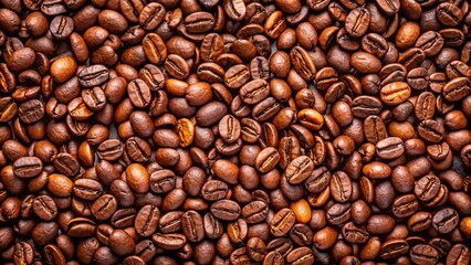 A close-up view of roasted coffee beans, showcasing the rich, dark brown tones and intricate details of each bean. The beans are tightly packed, creating a textured and visually appealing surface.