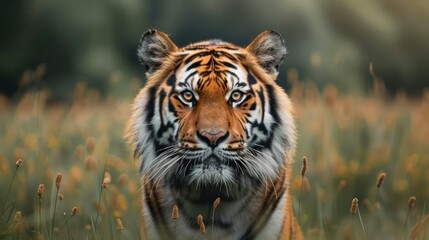 Fototapeta premium Gorgeous tiger staring into the camera, surrounded by a field of grass and wildflowers.
