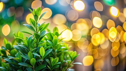 A vibrant green bush with delicate leaves basking in the soft glow of warm, out-of-focus light.