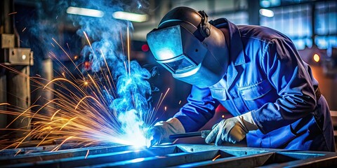 Welder using a torch with bright blue flame and sparks in workshop creating strong weld on metal , welding, welder