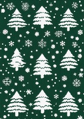 Obraz premium Holiday Green Sweater Pattern with White Trees and Snowflakes
