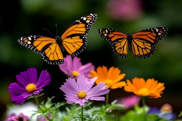 Naklejka premium Monarch butterflies migrating, flying in a large group through a meadow filled with wildflowers