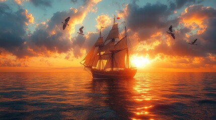A majestic sailing ship at sunset on calm waters.