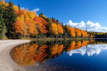 Fototapeta premium Panoramic view of autumn trees, their vibrant colors reflecting off a still lake, perfect for a scenic banner