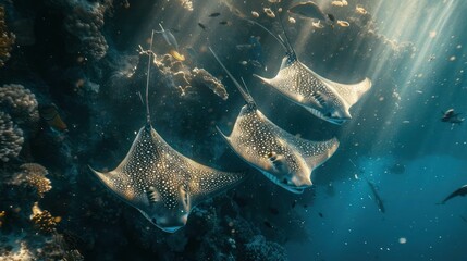 Obraz premium Four stingrays in a clear, blue ocean environment.