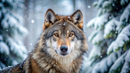 Obraz premium A majestic wolf with piercing yellow eyes gazes intently through a snowfall, its fur dusted with a soft layer of white, creating a captivating portrait of wild beauty.