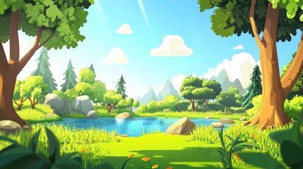 Lush Green Forest Landscape with Serene Lake and Blue Sky