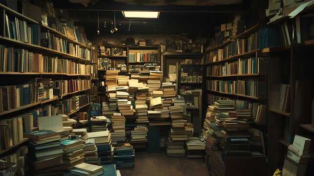 A cozy, cluttered room filled with bookshelves overflowing with books and stacks of papers, creating an inviting yet chaotic atmosphere.