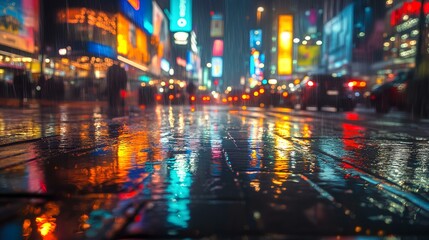 A vibrant, urban scene showcasing a rainy street reflecting colorful lights from advertisements and storefronts.