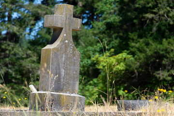 An image of a large and very weathered stone cemetery cross with tall grass.