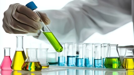A hand in a glove holds a green liquid-filled test tube above various colorful laboratory glassware, symbolizing scientific experimentation.