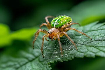 Fototapeta premium Spider spinning its web in a garden, with intricate details of the web glistening in the morning dew