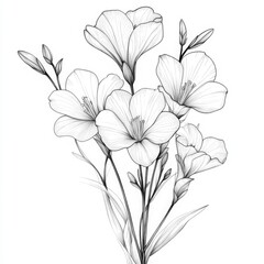 Detailed Black and White Line Drawing of Flowers