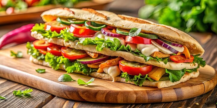 A double-decker sandwich piled high with juicy tomatoes, crisp lettuce, and savory grilled chicken, all nestled in a soft and fluffy bun, ready to satisfy hunger pangs.