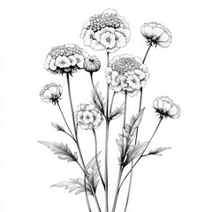 Detailed Black and White Line Drawing of Flowers
