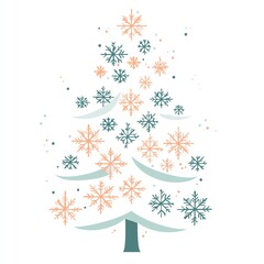 Stylized Christmas tree adorned with colorful snowflakes on a white background.
