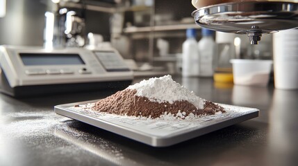 A scientific setup displaying a mound of cocoa powder and sugar on a scale, suggestive of precision in baking or food science.