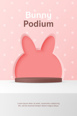 3D Vector Baby product display cylinder stand podium banner. Pink rabbit shape background for infant store, online shop, kid clothes toy, fashion discount promotion sale, social media post, web.