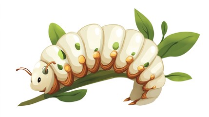 Obraz premium A cartoon-style vector icon depicting a wildlife larva in its cocoon, emphasizing the natural silk texture and vibrant color details. The cocoon is shown in a simplified, friendly design, 