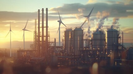 Obraz premium Industrial Complex with Wind Turbines at Sunset Renewable Energy Production