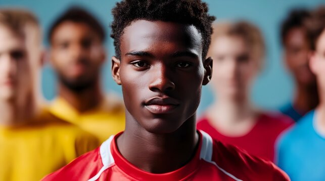 A diverse group of young adult male athletes from different ethnic and racial backgrounds,gathered together as a team.