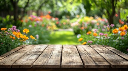 Rustic wooden table top with a blurred background of a beautiful flower garden.