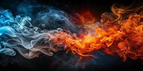 Fototapeta premium A Dance of Contrasting Elements Ethereal Blue Smoke and Fiery Orange Flames Intertwined on a Black Canvas