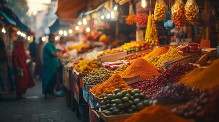 Fototapeta premium Bustling street market in India with colorful spices, fruits, and fabrics, surrounded by locals shopping