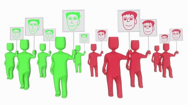 Two Teams of Green and Red 3D Men with Posters with Portraits of Election Candidates in Horizontal Loopable 4K 3D Animation Stock Video