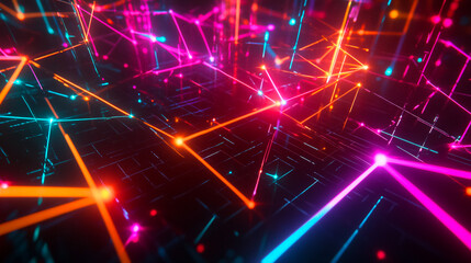 Obraz premium abstract 3D background that resembles a digital matrix, with interconnected lines and nodes illuminated in neon colors against a dark background, suggesting a high-tech environment.