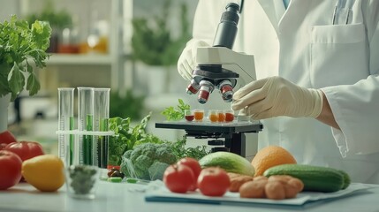 Scientist examining food samples under a microscope in a laboratory setting.