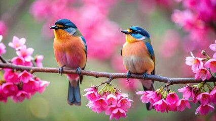 Fototapeta premium Two birds are perched on a pink branch