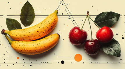 Illustrations of apples, bananas, and strawberries