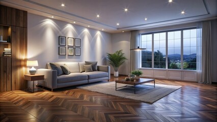 Fototapeta premium The unoccupied living room showcases wooden flooring and white walls, awaiting furniture placement and unique touches to create a cozy, inviting atmosphere.