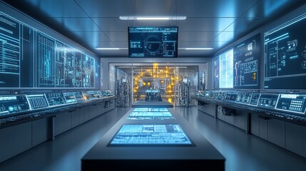 Futuristic Control Room with Digital Interfaces and Screens