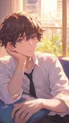 Young Man in School Uniform Contemplating on Sofa: Anime Style with Sunlit Park Background