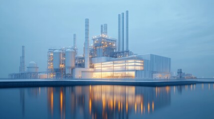 Modern Industrial Plant with Water Reflection at Dusk