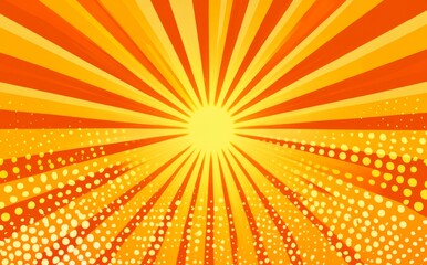 Vibrant Abstract Orange and Yellow Halftone Background with Sun Rays and Dots in Comic Book Style, Exuding Energetic Mood and Retro Feel