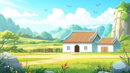 A quaint, white house with a terracotta roof nestled amongst rolling green hills and a bright blue sky.