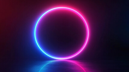 A two tone pink and blue neon lit up circle on a dark background with reflection on floor