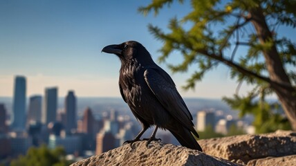 Obraz premium A black raven perched on a rock with a cityscape in the background.