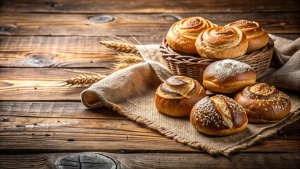 Fototapeta premium A Rustic Arrangement of Freshly Baked Rolls on a Burlap-Covered Wooden Surface with Wheat Stalks in the Foreground
