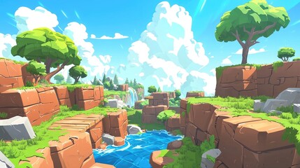A Cartoon Landscape with a Waterfall, Cliffs, and a Winding Stream
