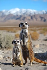 Two adorable meerkats stand alert in a desert landscape, showcasing their curious expressions against a backdrop of mountains and blue sky.