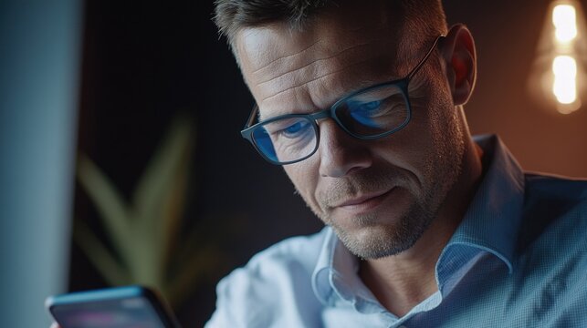 Concerned Businessman Looking at Phone in Office