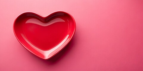 Fototapeta premium A vibrant red heart-shaped dish on a smooth pink surface, a simple yet poignant visual representation of affection and love.