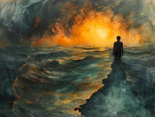 A Solitary Figure Contemplates the Vastness of the Sea at Sunset