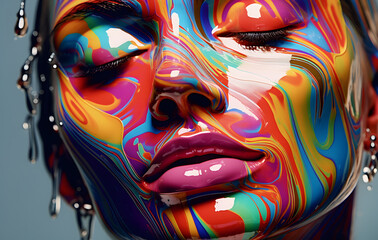Fototapeta premium Close-up of watercolor, acrylic, bright colors blending into a person's face.