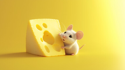 A minimalist design of a curious, minimalist mouse peeking from a cheese wedge, suitable for humor and office themed memes